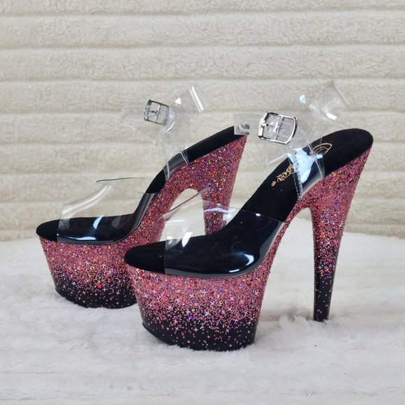 Adore 708SS Pink Hologram Glitter Ombre Platform Ankle Strap Platform 7" Heels - Picture 8 of 12